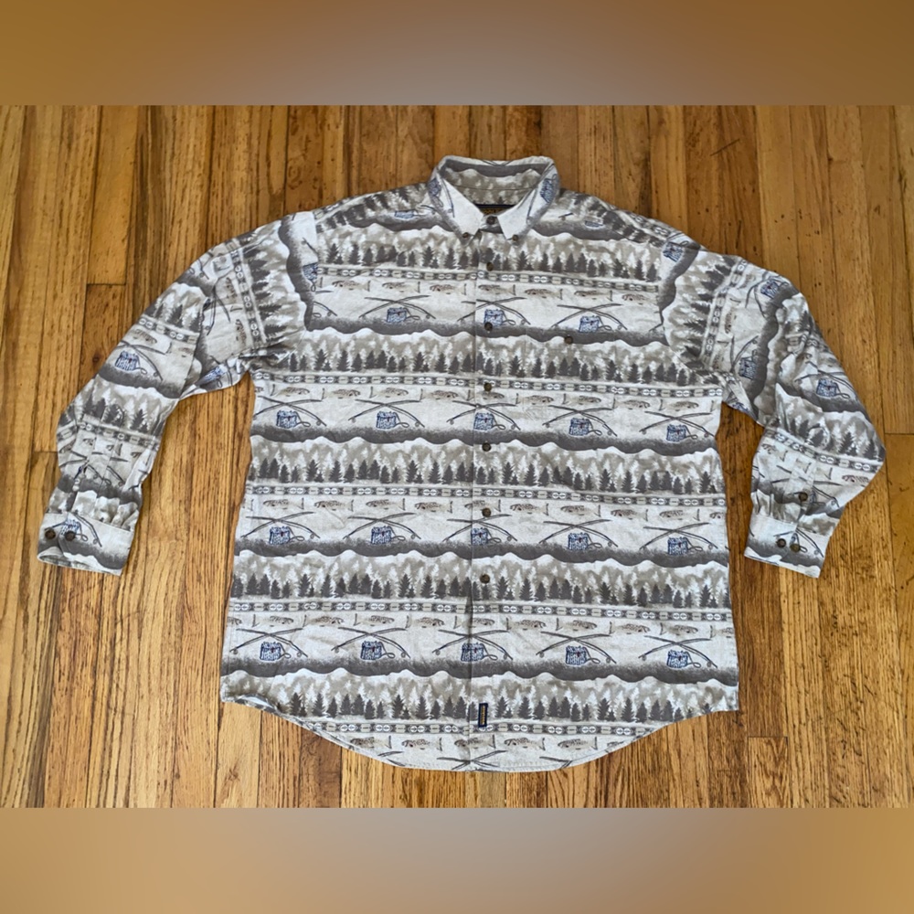 Woolrich Flannel Shirt Men's 2XL Beige Brown All Over Print